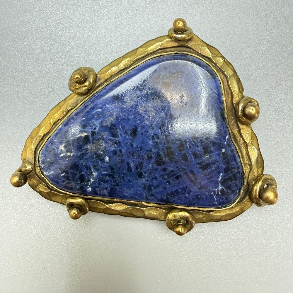 Vintage Pal Kepenyes Signed Blue Sodalite Brass Belt Buckle 3.5" Artisan Made
